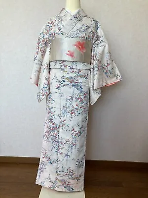 Japanese Polyester Kimono With Silk Nagoya Obi Free Shipping From Japan • $65