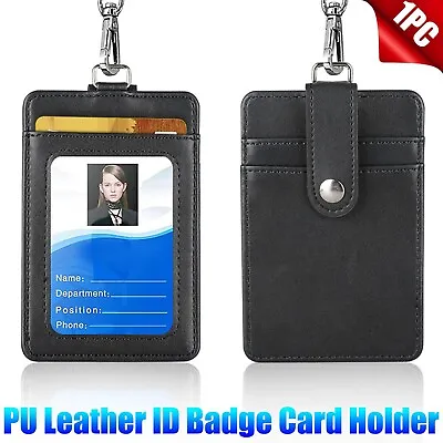 ID Badge Card Holder Pu Leather Vertical Clip Neck Strap Lanyard Necklace Case • $8.98