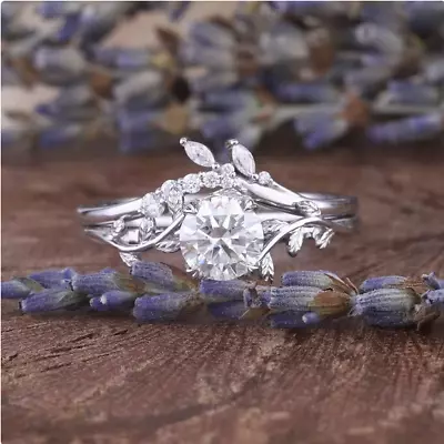 White Round Cut Moissanite Unique Leaf Bridal Set For Gift 925 Silver 7.25 MM • $134.99