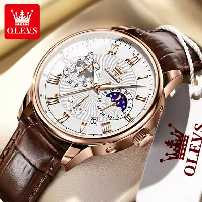 Auto Date OLEVS Men Quartz Luminous Moon Phase Chronograph Watch Luxury Leather • $45.99