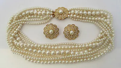 Vintage Faux Pearl/Crystal Rhinestone Necklace Earrings • $10.50