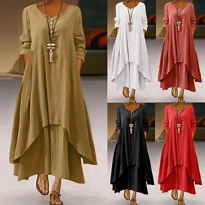 UK Plus Size Women Baggy Maxi Dress Ladies Casual Loose Long Sleeve Tunci Kaftan • $34.09