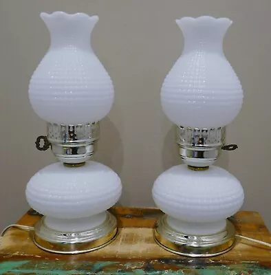 Vintage Waffle Hobnail White Milk Glass Bedside Table Hurricane Lamp Pair 2 Work • $39.99