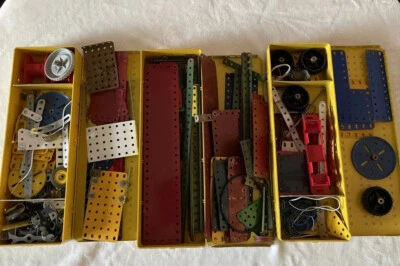 £20 • Buy 3x Meccano Yellow Storage Boxes Flanged Metal Lids & Contents