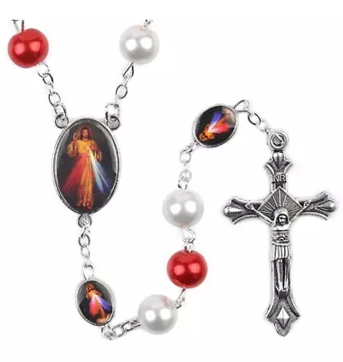 Divine Mercy Jesus & St Faustina Center Rosary Red White 8mm Glass Bead Catholic • $17.99