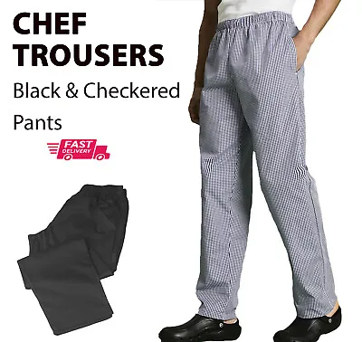 CHEF TROUSERS Work Wear Gingham Navy CHECKERED Hospitality Kitchen BLACK PANTS  • £12.99