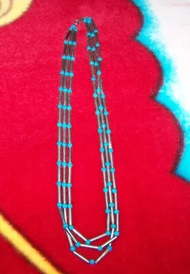 Necklace Made With Metal Tube Beads & Blue Beads-from 1960's • $25