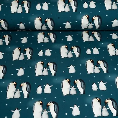 £8.25 • Buy Cotton Jersey Fabric, Penguin Party On Teal, Christmas Stretch Knit Fabric