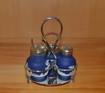 Adams Jasper Ware Cruet Set - Silver Holder And Lids - Excellent Condition • £15