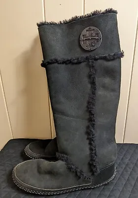 Tory Burch Amelie Tall Shearling Boot Black Suede Leather Rubber Sole Sz Unknown • $24.88