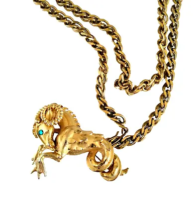 Massive Vintage Ram Serpent Gold Tone Pin Pendant Gold Plated Necklace Or Belt • $69.99