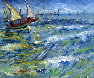 Van Gogh Sea At Saintes-Maries Repro Quality Hand Painted Oil Painting 8x10in • $49.95