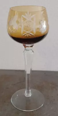 Bohemian Amber Cut To Clear Wine Glass 8  Tall Vintage • $13.99