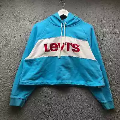 Levi's Crop Hoodie Sweatshirt Women's Large L Raglan Embroidered Logo Blue White • $14.99