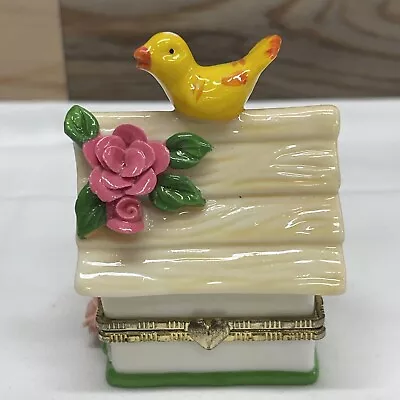 Vintage Ceramic Birdhouse Trinket Box With Yellow Bird Pink Flower Hinged Box • $10.99