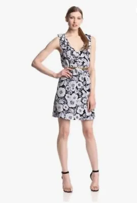 JUICY COUTURE $228 VANITY SCROLL RUFFLE V NECK DRESS REGAL Navy Floral NO BELT 4 • $15.99