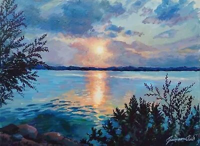 Original Acryl Painting SUNSET ON THE RIVER Home Decor Art • $125