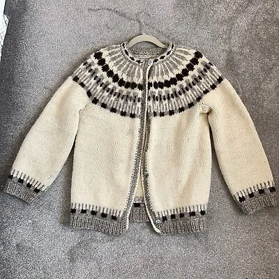 Vintage Nordic Cardigan Cream Scandi Boho Oversized Knitted Yoke Handmade • £44.99