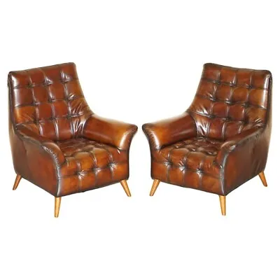 Pair Of Fully Restored Hand Dyed Chesterfield Whisky Brown Leather Armchairs • £2950