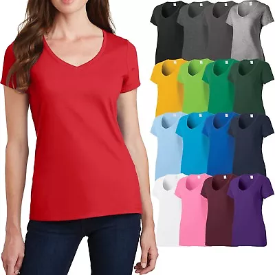 Plus Size Ladies V-Neck T-Shirt Soft Ring Spun Cotton Womens Tee Top XL 2X 3X 4X • $11.99