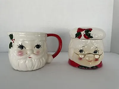 Vintage Mr Mrs Santa Clause Face Head Ceramic Creamer Sugar Lid Christmas Set • $27