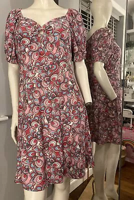 Qed London Printed Mulyi Color Pink Milkmaid Summer Skater Dress Size 14 • £9.99