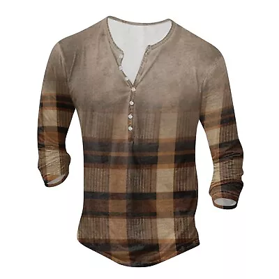 Male Spring Fall Casual Long Sleeve Button V Neck Tops Tee Shirts Fashion Mens • $25.04