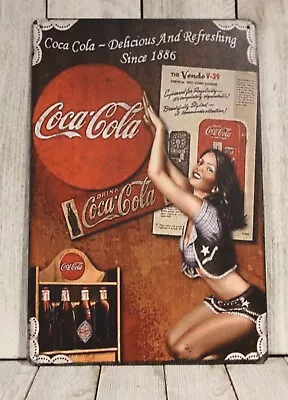 Coca Cola Tin Metal Sign Coke Sexy Pinup Girl Poster  Rustic Vintage Style • $10.97