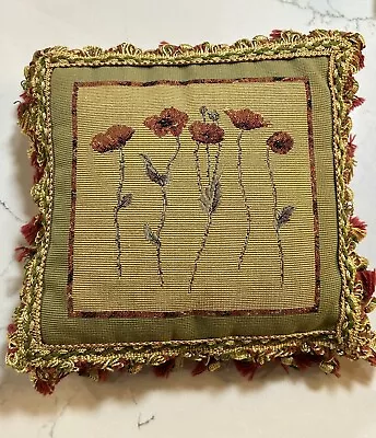 Vtg Tapestry Pillow Red Poppies 9x9 Fringed Taupe Decorative Throw Pillow • $14