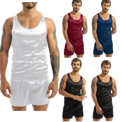 Mens Pajamas Set  Satin Silk Crop Tank Top+Shorts Nightgown Sleepwear Nightwear • $12.08