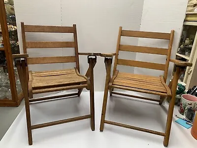 Lot Of 2 Vintage Folding Chairs For Children Kids Wooden Slats 16 W X 20 T • $75