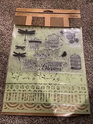 New Recollections Mixed Media 15pc Stamp And Stencil Set Dragonfly Bird • $7.99