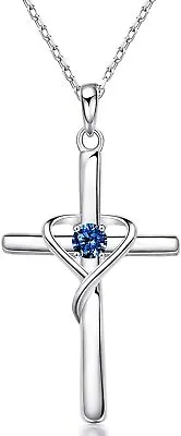 $58.47 • Buy 925 Sterling Silver Cross Necklace For Women Blue Sapphire September Birthstone