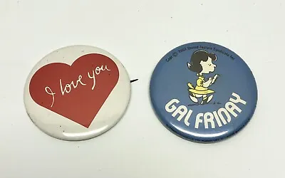 Peanuts Lucy  Gal Friday  & “I Love You” Heart Metal Pin Back Button USA Vintage • $9.99