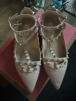 Genuine Valentino Leather Nude Poudre Rockstud Ballerina Flat Sandals /  Shoes • £155