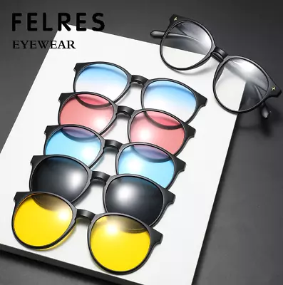5 In 1 Magnetic Clip On Polarized Sunglasses Men Women Round Glasses Frames New  • $18.53