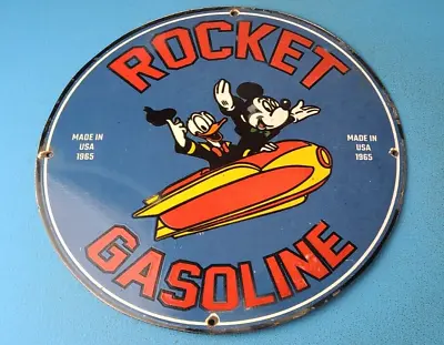 Vintage Rocket Gasoline Sign - Disney Mickey Mouse Gas Oil Pump Porcelain Sign • $138.47