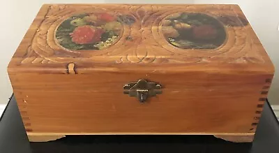 Vintage Wood 1950s Carved Candy Box  Floral Lid Inset Mirror Inside Dovetailed • $32.95