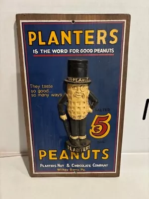 Vintage Planters Peanut Sign Wood Raised Mr Peanut • $20