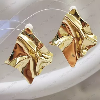 2.5  Big CLIP ON EARRINGS Square GOLD PLATED 80s Large SHINY Big Metal Fold ZARA • £4.99