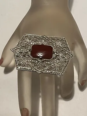 Art Deco  Sterling Silver Carnelian Marcasite Brooch Pin • $49.99