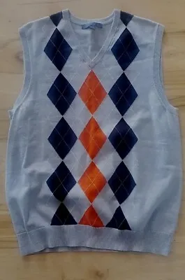 Old Navy Argyle Sweater Vest Knit V-Neck Pullover 100% Cotton L Brown Men Orange • $23