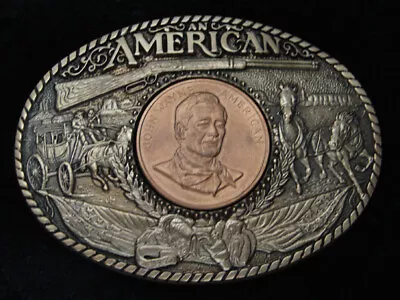 RA11174 VINTAGE 1980s *JOHN WAYNE AN AMERICAN* COMMEMORATIVE SOLID BRASS BUCKLE • $50