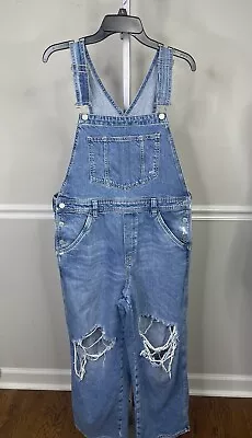 H&M Blue Slouchy Distressed Jean Denim Overalls Women’s Sz M Holes Y2k • $39.95