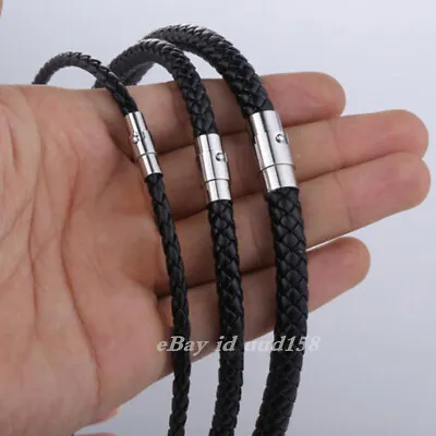 4/6/8MM Mens Black Braided Cord Rope Leather Necklace Choker W/ Magnetic Clasp • $5.39