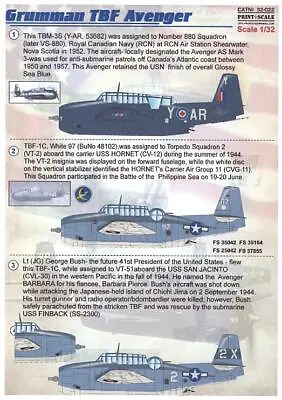 Print Scale Decals 1/32 GRUMMAN TBF AVENGER Torpedo Bomber • $19.99