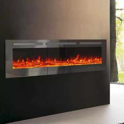 60  Electric Fireplace Fire Wood Crystal Flame Heater Stove Wall Mounted Insert • £319.95