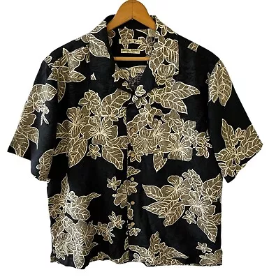 Batik Bay Men’s Black Tan Floral Silk Button Up Hawaiian Shirt Size L • $9.98