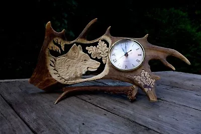 FALLOW DEER ANTLER CLOCK WOLF DESIGN UNIQUE GIFT IDEA Plus Small Free Gift • £165