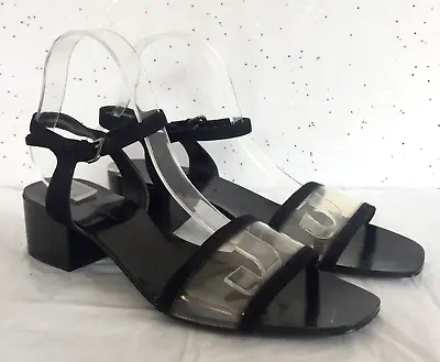 Zara Basic Black Leather Ankle Strap Clear Vinyl Block Heel Sandals - Size 41 • $81.99